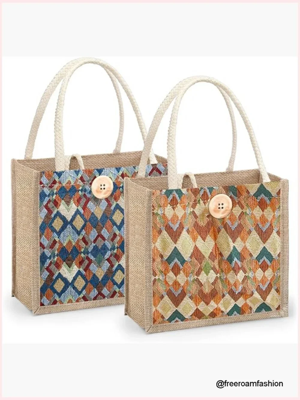Small Jute Tote Bag Set, 2-Piece Embroidered Reusable Grocery Bags